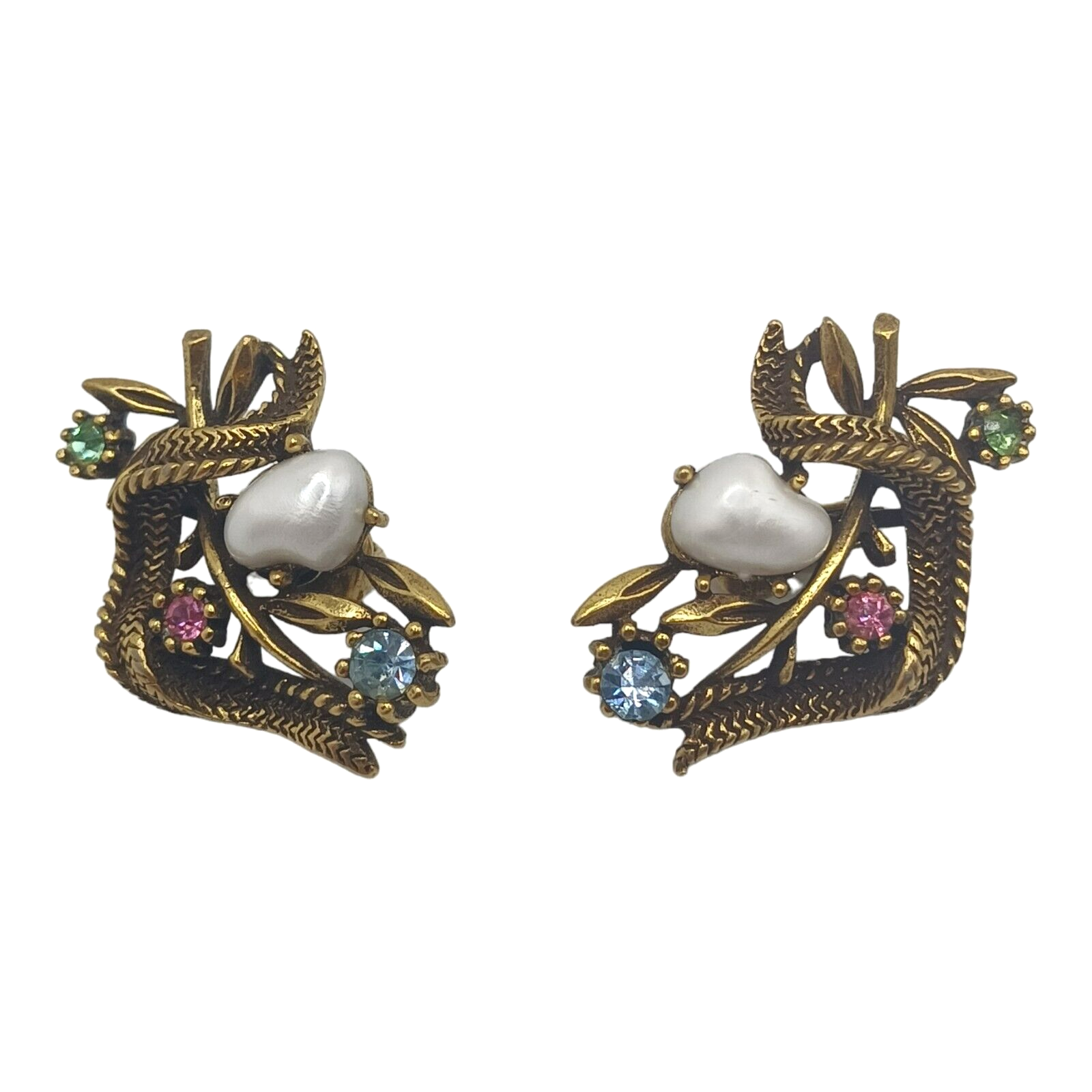 Vtg Coro Sorrento Baby Tooth Faux Pearl Gold Tone Rhinestone Clip On Earrings 69$